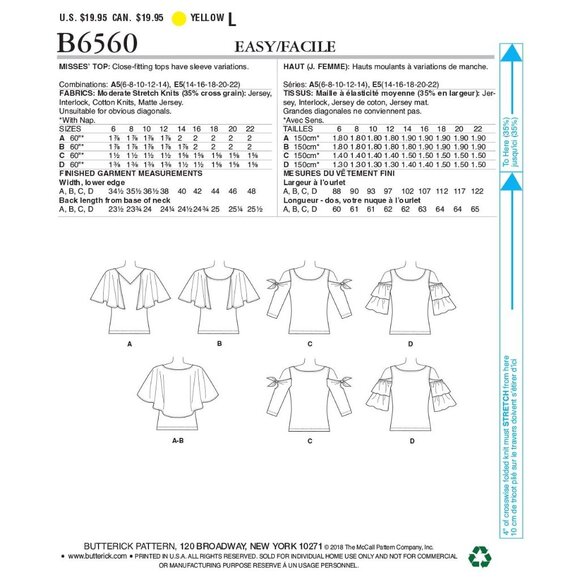 Butterick Sewing Pattern B6560 Cold Shoulder Ruffled Sleeve Misses Top Sz 6-14 - Picture 2 of 7